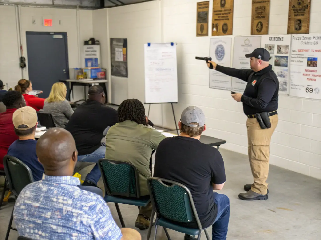 A photograph depicting a group of ASSOCIATION DE CHASSE D'AUBIGNY members participating in a safety training session in a natural outdoor setting. The focus is on demonstrating the practical application of safety protocols.