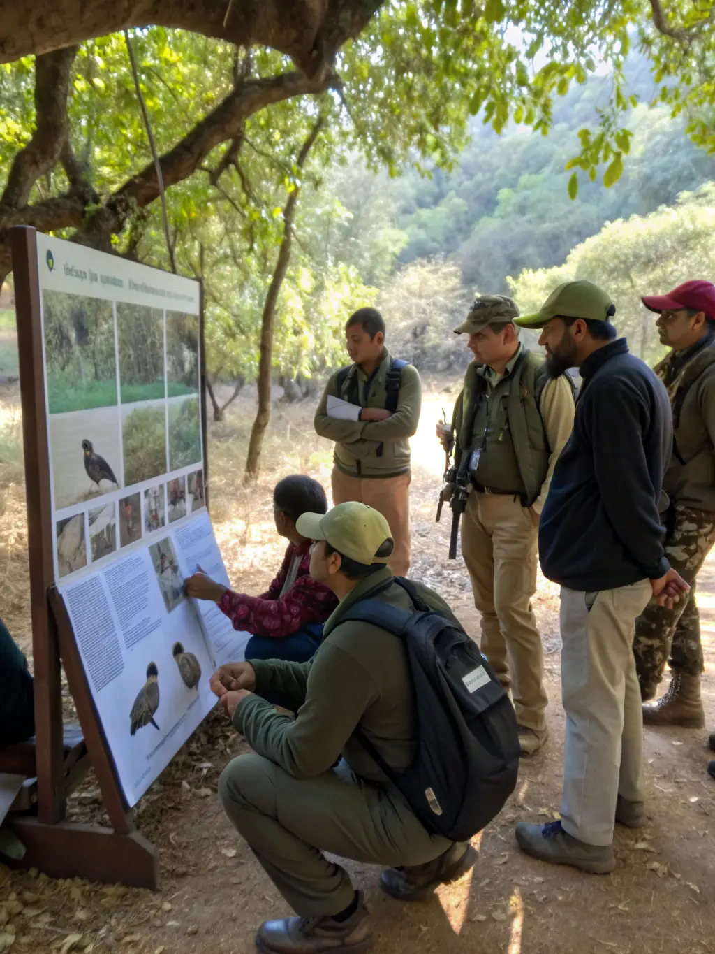 An image depicting a hunter teaching a young participant about wildlife conservation and ethical hunting techniques.