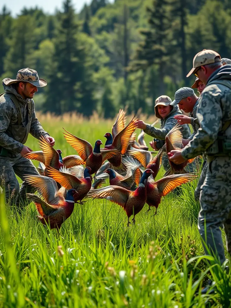 A photograph of members of the association releasing game birds into their natural habitat, demonstrating their commitment to wildlife conservation and habitat management.