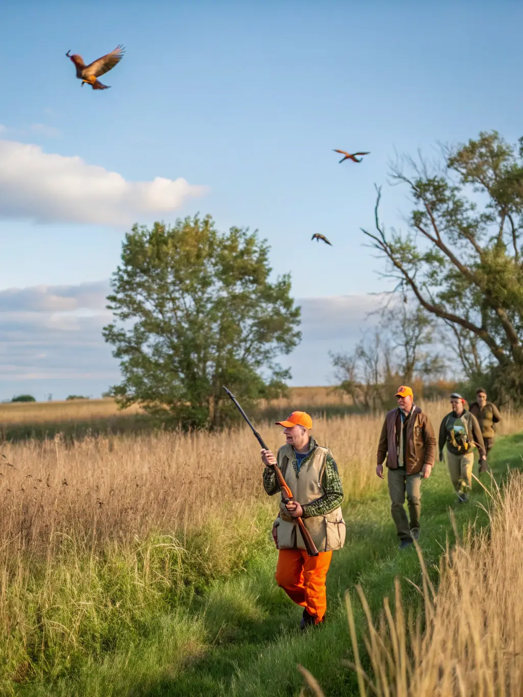 A photograph capturing a group of hunters participating in a pheasant hunting activity in the fields of Aubigny, showcasing the camaraderie and skill involved.