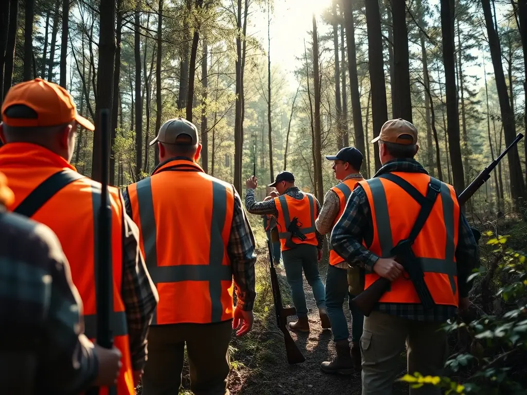 A group of hunters participating in a guided tour of the Aubigny forest, learning about local wildlife and conservation efforts.