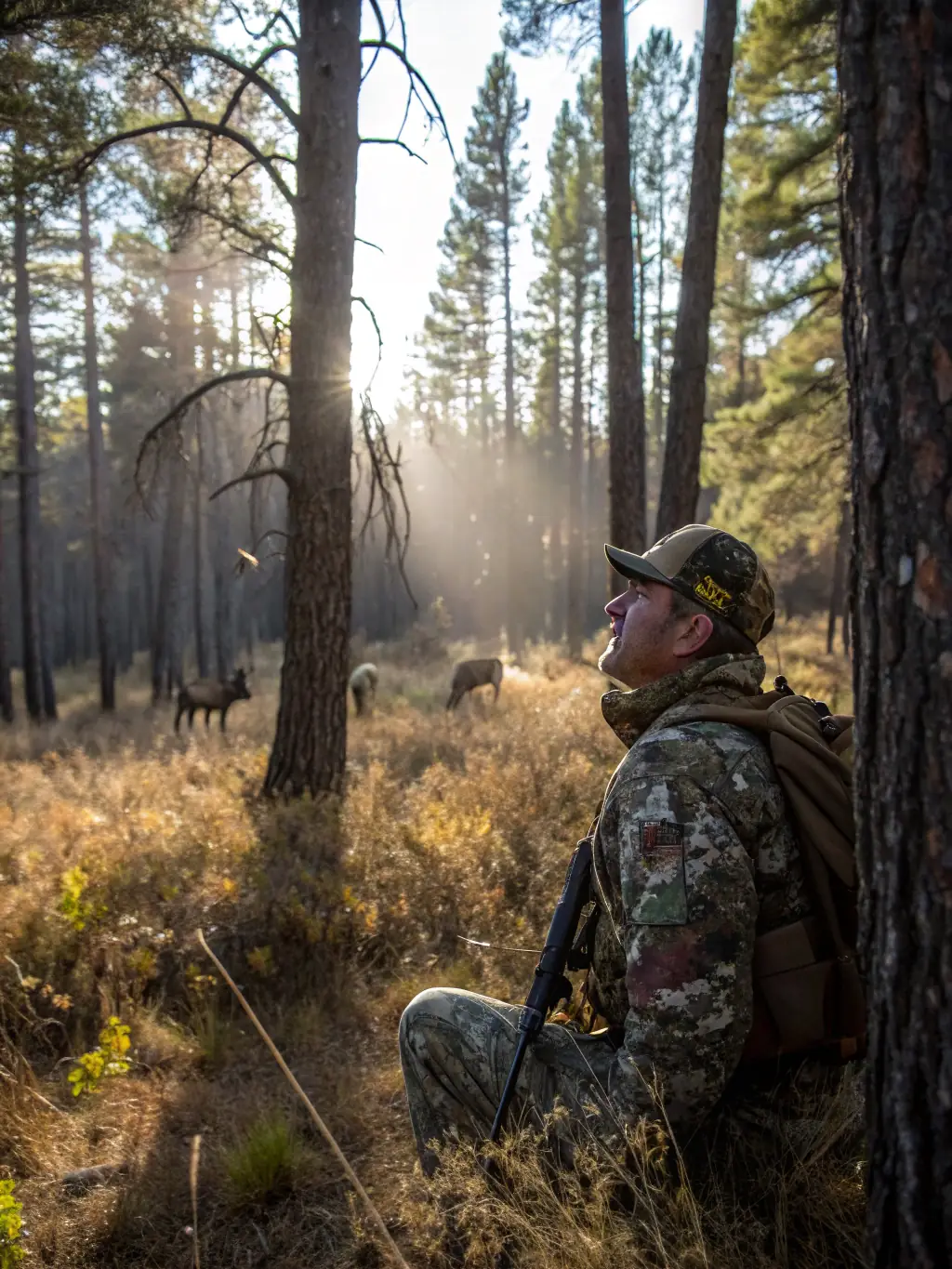 An image depicting a hunter carefully tracking game in the forest, emphasizing the importance of responsible hunting practices and wildlife conservation.