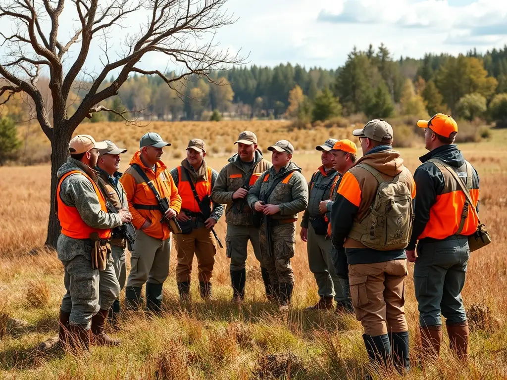 A group of ASSOCIATION DE CHASSE D'AUBIGNY members participating in a training session on responsible hunting practices in a forest setting. The image should convey a sense of camaraderie and learning.
